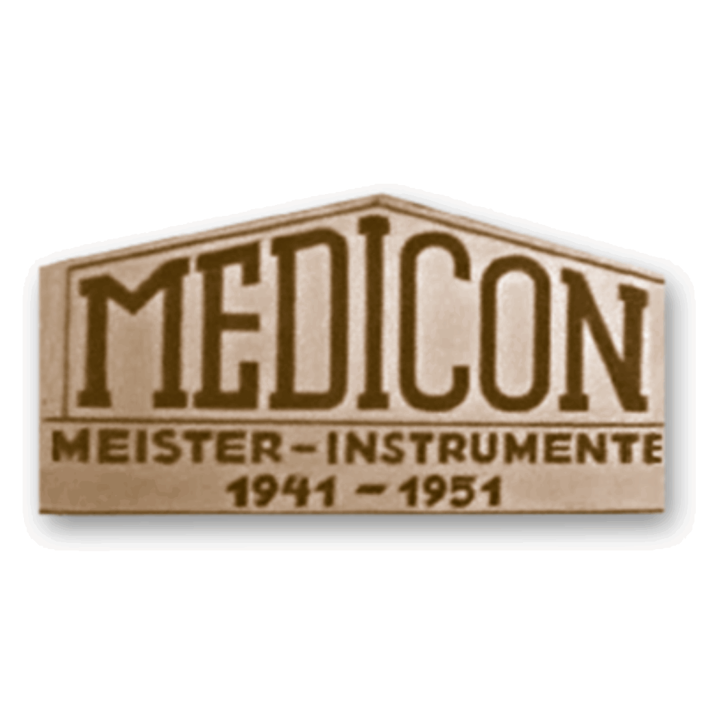 Logo der Firma MEDICON mit der Aufschrift 'MEISTER-INSTRUMENTE 1941 – 1951' in einem stilisierten Schild mit Spitzdach-Form.