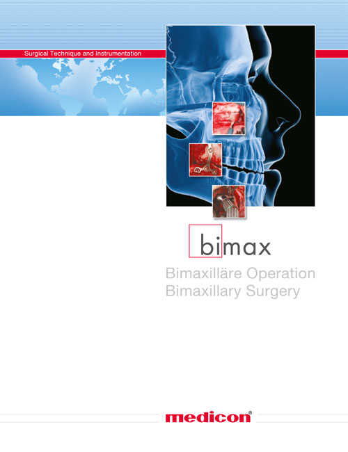 Das Cover zeigt eine Broschüre von Medicon zum Thema "bimax", was für Bimaxilläre Operation bzw. Bimaxillary Surgery steht. Diese Broschüre behandelt chirurgische Techniken und Instrumentierungen für Operationen an beiden Kiefern (Ober- und Unterkiefer). Das Bild zeigt eine Röntgenaufnahme eines menschlichen Schädels im Profil mit Einblendungen von Operationsinstrumenten und -situationen. Die bimaxilläre Operation ist eine kieferchirurgische Maßnahme, die oft zur Korrektur von Fehlstellungen der Kiefer eingesetzt wird, um Funktion und Ästhetik zu verbessern.