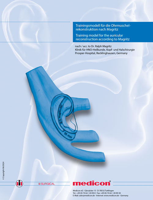 Cover einer Medicon-Broschüre mit einem blauen Trainingsmodell zur Ohrmuschelrekonstruktion nach Magritz, vor dem Hintergrund einer stilisierten Ohrzeichnung.