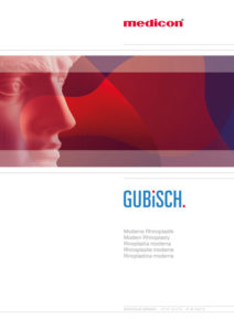 ProTitelseite einer Broschüre mit dem Titel „GUBiSCH.“ in blauer Schrift mit einem kleinen roten Punkt am Ende. Darüber ist das „medicon“-Logo in Rot. Links ist ein klassisches Marmorprofil einer männlichen Statue abgebildet, das in rötlichen und purpurroten Farbverläufen gehalten ist. Unter dem Titel steht in mehreren Sprachen: Moderne Rhinoplastik Modern Rhinoplasty Rinoplastia moderna Rhinoplastie moderne Rinoplastica moderna Unten ist ein dezenter Hinweis auf den Hersteller „MEDICON eG GERMANY“ mit Koordinaten. Der Hintergrund ist weiß.