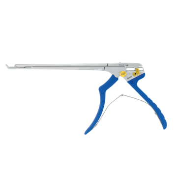 Produkt DieBlauen comfort. Es hat einen langen, schmalen Schaft und einen Griff mit einem Hebelmechanismus. Die blauen Griffe sind ergonomisch geformt und es gibt eine gelbe Taste mit der Aufschrift "push".