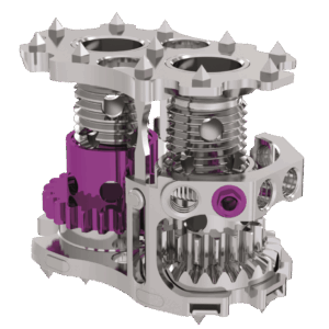 MediExpand TL_Pink. Es handelt sich um eine Art miniaturisiertes Getriebe- oder Einstellmodul mit mehreren Zahnrädern, Schraubenfedern und einem feinmechanischen Aufbau. Beschreibung der Bauteile: Zwei große Schraubenfedern: Diese sind vertikal angeordnet und dienen wahrscheinlich zur Kraftübertragung oder Dämpfung. Zahnräder: Das Getriebe besteht aus mehreren Zahnrädern, die die Drehbewegung oder die Einstellung der Position übersetzen. Metallstruktur: Die Struktur ist aus Metall gefertigt und bietet eine robuste Grundlage. Farbliche Markierung: Der blaue Bereich könnte eine Codierung oder eine spezielle Funktion markieren, eventuell einen Antrieb oder eine Fixierung.