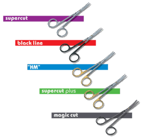 Dieses Bild zeigt verschiedene chirurgische Scherenmodelle, die anscheinend von einer Marke oder Serie mit unterschiedlichen Eigenschaften stammen. Die Bezeichnungen und die farblich unterschiedlichen Griffe deuten auf verschiedene Schneidqualitäten, Materialien oder spezifische Anwendungen hin: supercut (lila) black line (rot) "HM" (blau) — vermutlich Hartmetall-beschichtet, oft für längere Haltbarkeit und scharfe Klingen supercut plus (grün) magic cut (grau) Diese Scheren werden vermutlich für präzise Schnitte bei chirurgischen Eingriffen verwendet, zum Beispiel in der plastischen Chirurgie oder anderen spezialisierten OP-Bereichen.
