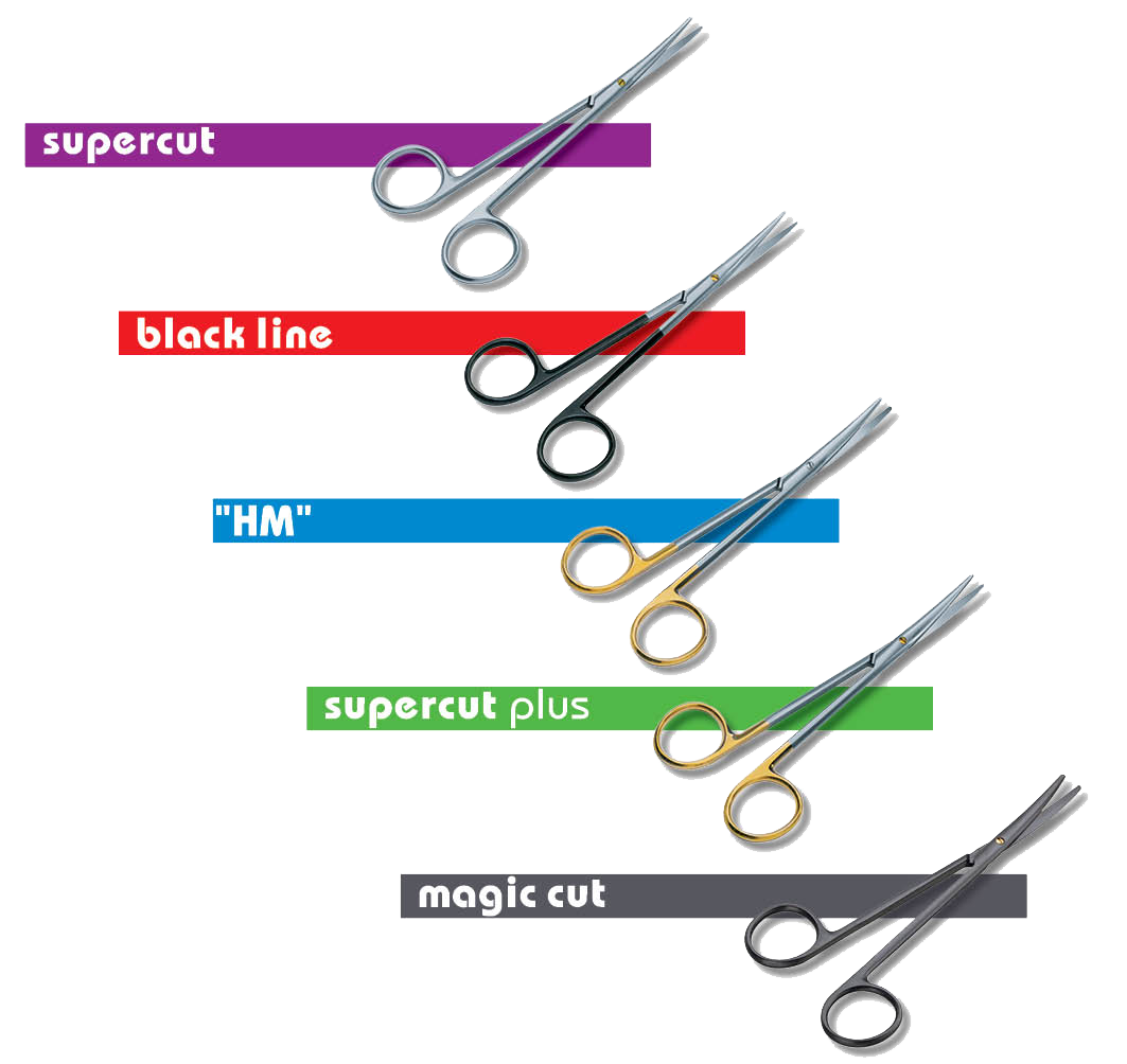 Dieses Bild zeigt verschiedene chirurgische Scherenmodelle, die anscheinend von einer Marke oder Serie mit unterschiedlichen Eigenschaften stammen. Die Bezeichnungen und die farblich unterschiedlichen Griffe deuten auf verschiedene Schneidqualitäten, Materialien oder spezifische Anwendungen hin: supercut (lila) black line (rot) "HM" (blau) — vermutlich Hartmetall-beschichtet, oft für längere Haltbarkeit und scharfe Klingen supercut plus (grün) magic cut (grau) Diese Scheren werden vermutlich für präzise Schnitte bei chirurgischen Eingriffen verwendet, zum Beispiel in der plastischen Chirurgie oder anderen spezialisierten OP-Bereichen.