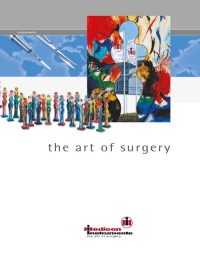 Hauptkatalog von Medicon mit dem Slogan „the art of surgery“, bunten Figuren und abstrakter Kunst in menschlicher Silhouette.