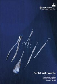 Diese Titelseite zeigt das Thema Dental Instrumente von Medicon Instrumente. Darauf abgebildet sind typische zahnmedizinische Instrumente, wie Zangen, Pinzetten, und Sonden. Diese Werkzeuge werden in der Zahnmedizin für verschiedenste Behandlungen eingesetzt, z.B. Zahnextraktionen, Reinigung, oder Zahnsteinentfernung. Die Beschreibung ist mehrsprachig (Deutsch, Englisch, Spanisch, Französisch, Italienisch), was die internationale Ausrichtung des Herstellers unterstreicht.