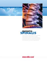 Titelseite einer Medicon-Broschüre für Instrumente der spinalen Neurochirurgie. Im Bild ist eine stilisierte menschliche Wirbelsäule vor einem DNA-Strang dargestellt. Logo von Medicon unten mittig.