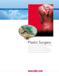 Katalog Plastic Surgery. Titelbild einer Medicon-Broschüre zum Thema plastische Chirurgie mit Weltkarte, menschlichem Rücken und dekorativem Schmuckelement.
