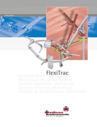 Titelbild einer medizinischen Produktbroschüre mit dem Titel „FlexiTrac“. Abgebildet ist ein Bauchdeckenhaltesystem (Abdominal Retractor System), bestehend aus einem flexiblen Ring und verschiedenen Haltearmen und Klemmen. Im Hintergrund oben rechts sieht man das System im Einsatz auf einer chirurgischen Abdeckung. Der obere Bereich zeigt technische Zeichnungen in Blautönen. Unten ist das Logo von „medicon Instrumente – the art of surgery“ zu sehen.