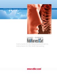 Titelseite einer Broschüre mit dem Titel „DANIEL - GUBISCH Rib Harvest Set“. Oben links ist eine stilisierte Weltkarte in Blautönen mit Koordinatenangaben zu sehen. Rechts oben befindet sich ein quadratisches Bild mit einem seitlichen Profil eines menschlichen Kopfes in rötlichen Tönen und einem Röntgenbild eines Brustkorbs mit Rippen. Darunter steht mehrsprachig beschrieben, dass es sich um Instrumente zur Rippenentnahme handelt. Unten mittig ist das „medicon“-Logo in Rot platziert.