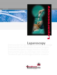 Titelbild einer Produktbroschüre mit dem Titel „Laparoscopy“. Es zeigt eine medizinische Szene mit einem chirurgischen Eingriff, bei dem laparoskopische Instrumente verwendet werden. Links oben ist ein Bild von Instrumenten zu sehen, rechts ein Foto einer Operation. Der Text verweist auf Instrumente für die minimal-invasive Chirurgie in mehreren Sprachen. Unten befindet sich das Logo von „medicon Instrumente – the art of surgery“.