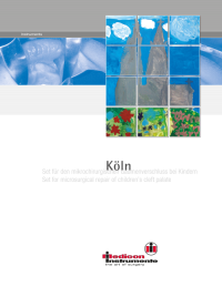 Titelbil Prospekt Köln Set. Titel 'Köln – Set für den mikrochirurgischen Gaumenverschluss bei Kindern / Set for microsurgical repair of children’s cleft palate'. Oben ein Mosaik aus 12 quadratischen Kinderzeichnungen, darunter Text in Deutsch und Englisch. Am unteren Rand das Medicon-Logo mit dem Slogan 'the art of surgery