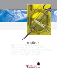 Titelseite einer Medicon-Broschüre mit dem Titel „medicut“. Darunter steht in mehreren Sprachen: „Scheren und Drahtkneifzangen / Scissors and Wire Cutting Pliers / Tijeras y pinzas para cortar alambres / Ciseaux et pinces coupe-fil / Forbici e tenaglie tagliafili“. Auf weißem Hintergrund ein Foto von chirurgischen Scheren und Drahtkneifzangen, in einem gelblichen Licht dargestellt. Im oberen Bereich ein blauer Balken mit einem Bild von chirurgischen Instrumenten. Unten das Medicon Instrumente-Logo und der Slogan „the art of surgery“.