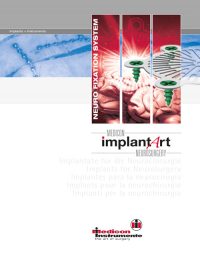 Diese Titelseite präsentiert das Thema implantArt - Neurofixation System für die Neurochirurgie. Das Bild zeigt schematisch einen menschlichen Gehirnabschnitt, in den grüne Schrauben implantiert werden. Das Design ist in Rot- und Weißtönen gehalten, wobei ein Leuchteffekt um die Schrauben das Fixationssystem betont. Oben links steht „Implants + Instruments“ und unten sind das Medicon-Logo sowie der Slogan „the art of surgery“ zu sehen. Das Thema dreht sich um Implantate und Instrumente, die speziell für neurochirurgische Anwendungen entwickelt wurden, insbesondere zur Fixierung im Gehirnbereich.