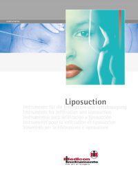 Titelbild einer Produktbroschüre mit dem Thema „Liposuction“. Es zeigt eine stilisierte Darstellung eines Gesichts mit betonten Lippen und einem medizinischen Eingriff im Hintergrund. Der Text informiert über Instrumente zur Infiltration und Fettabsaugung in mehreren Sprachen. Unten befindet sich das Logo von „medicon Instrumente – the art of surgery“.