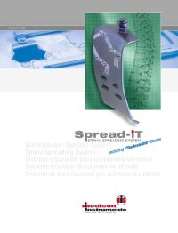 Titelbild einer Medicon-Broschüre für das Wirbelsäulen-Spreizer-System "Spread-iT" mit einem metallischen chirurgischen Spreizer vor einem grünen Hintergrund mit Wirbelsäulengrafik.