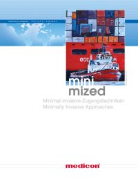 Titelseite einer Medicon-Broschüre mit dem Titel „minimized“. Oben links eine blaue Weltkarte mit Koordinaten. Im Zentrum ein farbiges Bild eines Hafens mit Containerschiff und kleinerem Boot im Vordergrund, stilisiert und künstlerisch. Darunter Text in Grau: „Minimal-invasive Zugangstechniken / Minimally Invasive Approaches“. Unten mittig das rote Medicon-Logo.
