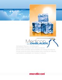 Diese Titelseite zeigt ein Produkt aus der Serie "Medicon ...Die BLAUEN.". Das Bild zeigt drei Eiswürfel vor einem orangefarbenen Hintergrund mit Sonnenlicht. Unter dem Bild steht die Beschreibung in mehreren Sprachen: Zerlegbare Stanzen mit Silikongriff Dismantable Rongeurs with Silicone Handle Pinzas saca-bocadas desmontables con mango de silicona Pinces emporte-pièce démontables avec manche en silicone Laminotomi smontabili con manico in silicone Rechts ist ein chirurgisches Instrument abgebildet, das offenbar zu dieser Produktlinie gehört. Unten mittig befindet sich das medicon-Logo in roter Schrift.