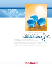 Diese Titelseite zeigt das Produkt "Medicon ...Die BLAUEN .2". Darunter steht eine Beschreibung in mehreren Sprachen: Zerlegbare Rongeure mit Silikongriff Dismantable Rongeurs with Silicone Handle Pinzas saca-bocadas desmontables con mango de silicona Rongeurs démontables avec manche en silicone Pinze per laminectomia smontabili con manico in silicone Das Bild zeigt drei blaue Kugeln vor einem hellen, sonnigen Hintergrund. Rechts daneben ist ein chirurgisches Instrument abgebildet, das zu den beschriebenen Rongeuren gehört.