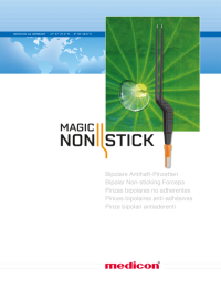 Produktvisualisierung ‚Magic Non Stick‘: bipolare Pinzette vor grünem Blatt mit Wassertropfen, kombiniert mit Weltkarten-Hintergrund.