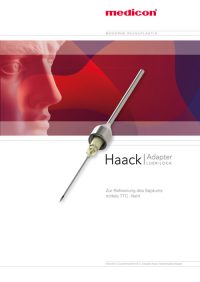 Titelbild einer medizinischen Produktbroschüre mit dem Titel „Haack Adapter LUER-LOCK“. Das Design zeigt einen chirurgischen Adapter mit einer langen, spitzen Nadel, der für die Refixierung des Nasenseptums mittels TTC-Naht verwendet wird. Im Hintergrund ist eine stilisierte Seitenansicht einer römischen Büste in Rottönen zu sehen, die auf das Fachgebiet der modernen Rhinoplastik (Nasenchirurgie) hinweist. Oben rechts steht das Logo von „medicon“ in Rot.