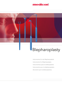 Titelbild Prospekt Gubisch Blepharoplastik. Oben links ist das rot eingefärbte Profil einer klassischen Skulptur eines Gesichts zu sehen. Davor sind vier blaue chirurgische Instrumente abgebildet. Oben rechts befindet sich das Logo „medicon“ in Rot. Unter dem Titel steht der Begriff „Instrumente für die Blepharoplastik“ in fünf verschiedenen Sprachen. Das Design ist modern, mit abstrakten roten und violetten Formen im Hintergrund.