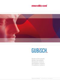 ProTitelseite einer Broschüre mit dem Titel „GUBiSCH.“ in blauer Schrift mit einem kleinen roten Punkt am Ende. Darüber ist das „medicon“-Logo in Rot. Links ist ein klassisches Marmorprofil einer männlichen Statue abgebildet, das in rötlichen und purpurroten Farbverläufen gehalten ist. Unter dem Titel steht in mehreren Sprachen: Moderne Rhinoplastik Modern Rhinoplasty Rinoplastia moderna Rhinoplastie moderne Rinoplastica moderna Unten ist ein dezenter Hinweis auf den Hersteller „MEDICON eG GERMANY“ mit Koordinaten. Der Hintergrund ist weiß.