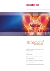 ChatGPT: Das Cover zeigt das Produkt "shepard cylinder osteotomes" von Medicon. Es handelt sich um spezielle zylindrische Osteotome, die für die Entnahme von Spongiosa (schwammartigem Knochen) aus dem Beckenkamm verwendet werden. Die Funktion dieser Instrumente ist die präzise Gewinnung von Knochenmaterial, das oft für Transplantationen oder rekonstruktive Chirurgie benötigt wird. Die Beschreibung ist in mehreren Sprachen angegeben: Deutsch, Englisch, Spanisch, Französisch und Italienisch. Das Bild auf dem Cover zeigt eine medizinische Illustration des Beckens, wobei der Bereich des Beckenkamms hervorgehoben ist, was den Bezug zum Einsatzort der Instrumente verdeutlicht.