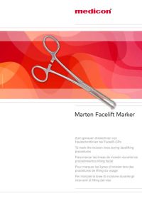 Produktbroschüre von Medicon mit einem chirurgischen Instrument (Marten Facelift Marker) auf rotem, abstraktem Hintergrund. Text in mehreren Sprachen beschreibt die Verwendung des Instruments zur Markierung von Hautschnittlinien bei Facelift-Operationen.