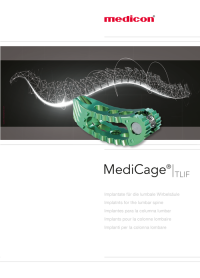 Grünes Wirbelsäulenimplantat (MediCage TLIF) mit strukturierter Oberfläche vor abstrakter digitaler Liniengrafik.