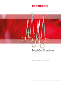 Mehrere chirurgische Scheren mit goldenen Griffen (MediCut Premium) vor rotem Hintergrund angeordnet.